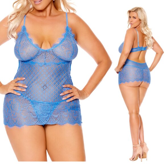 Elegant Moments Other - 🔥 NEW Plus Size Blue Lace Babydoll Chemise Set